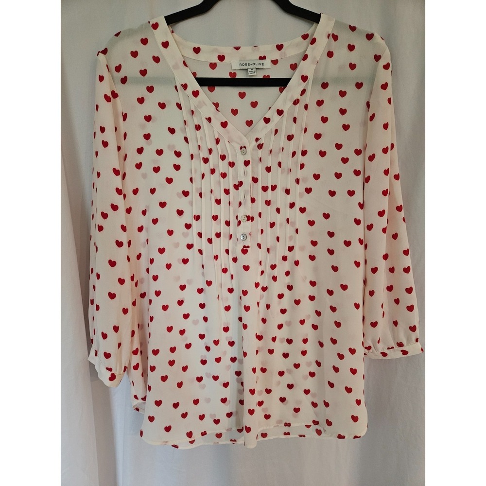 Rose + Olive Women's M Blouse Heart Print 3/4 Sleeve Blouse Sheer Top Smocked